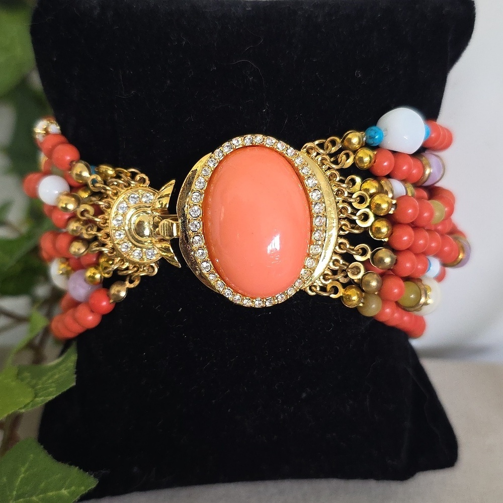 Vintage Coral Orange Multi Strand Bracelet With Gold Clasp